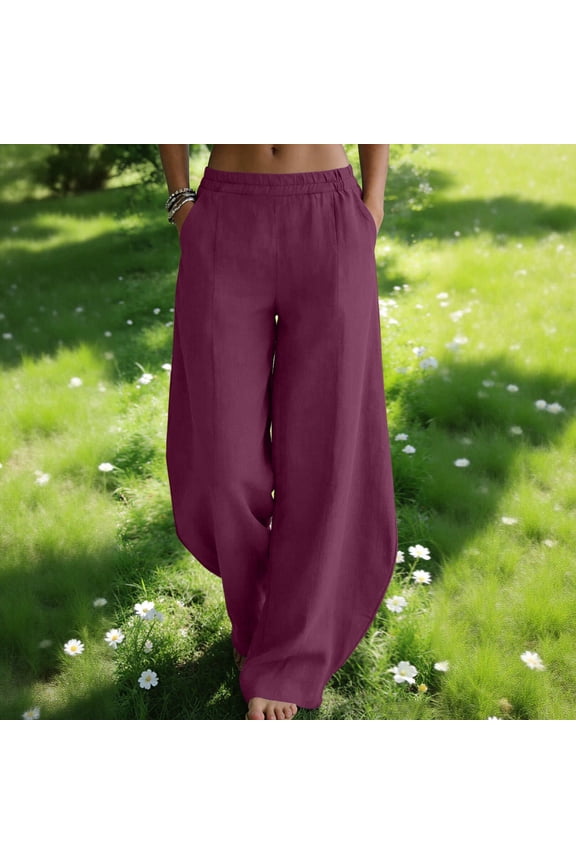 Women's Casual Cotton Linen Barrel Pants with Elastic Waist Relax Fit Trouser