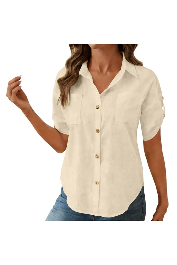 Women's Casual Roll Up Short Sleeve Button Down Shirts Cotton Blouses V Neck Casual Tunics Solid Color Tshirt with Two Pockets