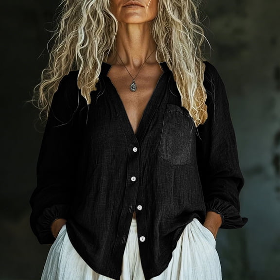 HongQid Women's Casual Shirts Cotton Button Down Blouses V Neck Collared Casual Tunics Solid Color Tops Loose Fit Lantern Long Sleeve Tops