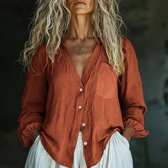 HongQid Women's Casual Shirts Cotton Button Down Blouses V Neck Collared Casual Tunics Solid Color Tops Loose Fit Lantern Long Sleeve Tops