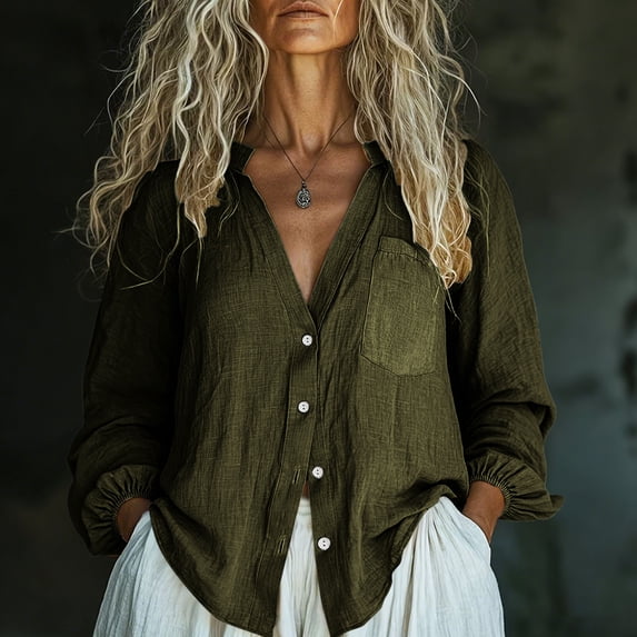 HongQid Women's Casual Shirts Cotton Button Down Blouses V Neck Collared Casual Tunics Solid Color Tops Loose Fit Lantern Long Sleeve Tops