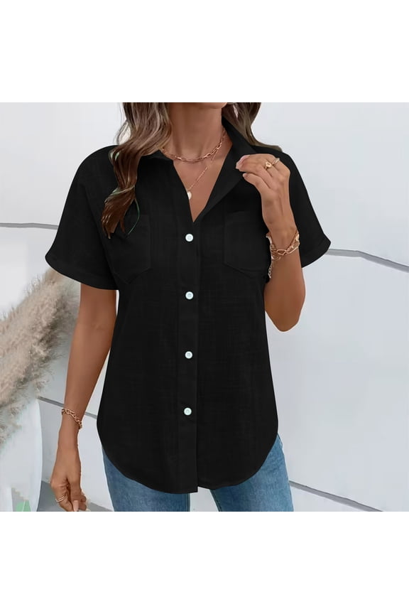 Women's Casual Short Sleeve Button Down Shirts Cotton Blouses V Neck Casual Tunics Solid Color Tops with Two Pockets