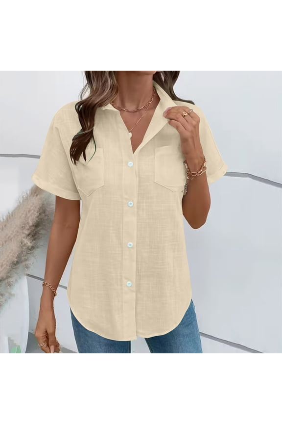 Women's Casual Short Sleeve Button Down Shirts Cotton Blouses V Neck Casual Tunics Solid Color Tops with Two Pockets