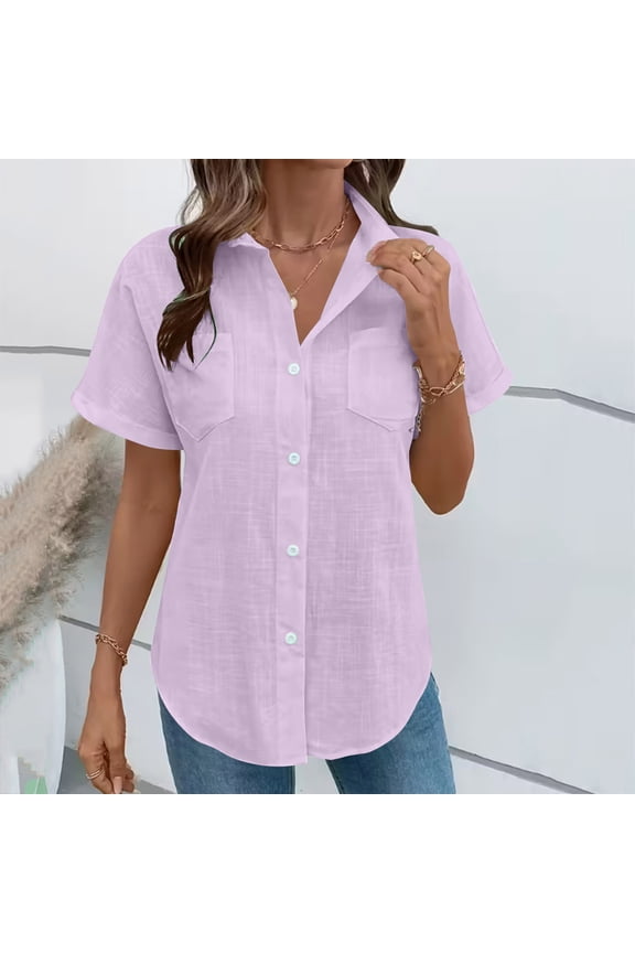 Women's Casual Short Sleeve Button Down Shirts Cotton Blouses V Neck Casual Tunics Solid Color Tops with Two Pockets