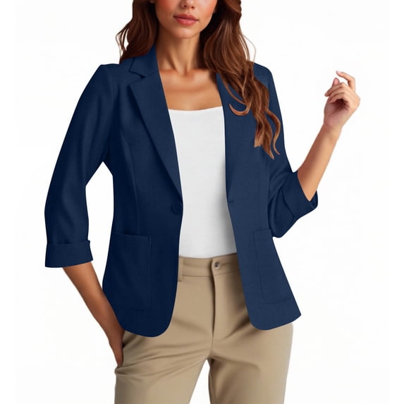 HongQid Women's Casual Single Button Front Blazer Ruched 3/4 Sleeve Notched Lapel Office Lightweight Blazers with Pockets