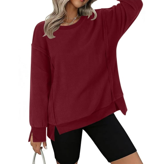 HongQid Women's Casual Sweatshirts Crewneck Long Sleeve Fuzzy Fleece Jackets Side Slit Midweight Pullover Fall Fashion