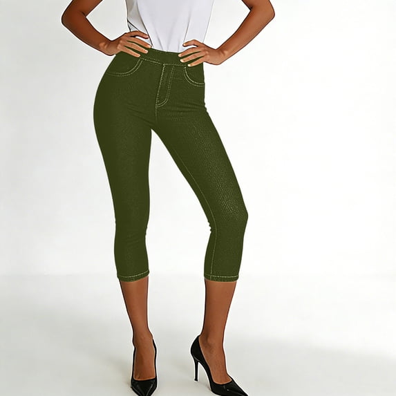 HongQid Women's Classic Denim Capri Leggings with Pockets, Comfortable Stretch Pull On Pants