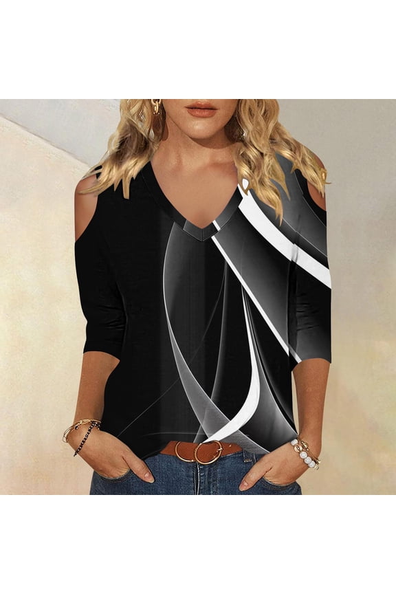 Women's Cold Shoulder Fashionable Solid Color T-shirt 3/4 Sleeve Shirt-Crewneck Casual Tops Three Quarter Length Tunic Tee