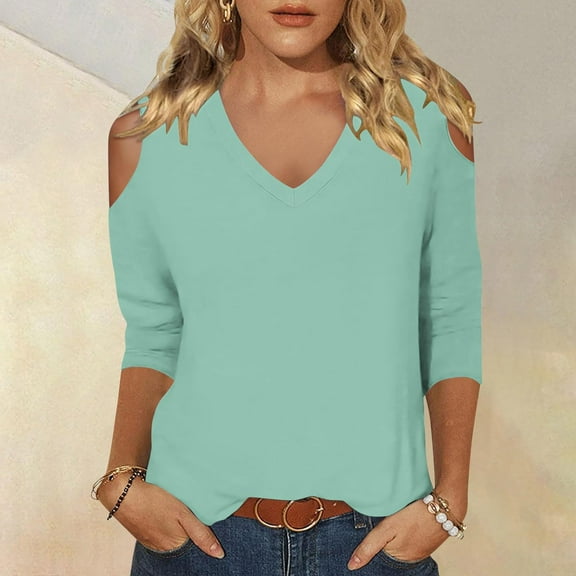 HongQid Women's Cold Shoulder Fashionable Solid Color T-shirt 3/4 Sleeve Shirt-Crewneck Casual Tops Three Quarter Length Tunic Tee