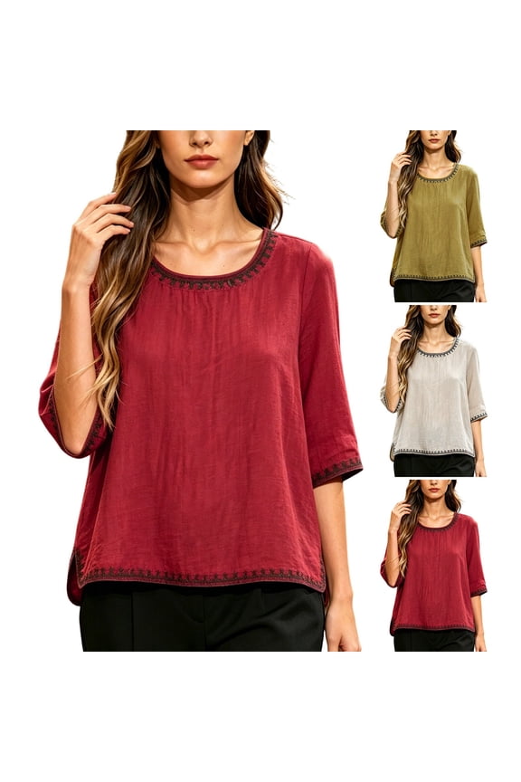 Women's Cotton Blouse Embroidered Trim 3/4 Sleeve Blouses Round Neck Casual Linen Tunic Top Solid Color Loose Fit