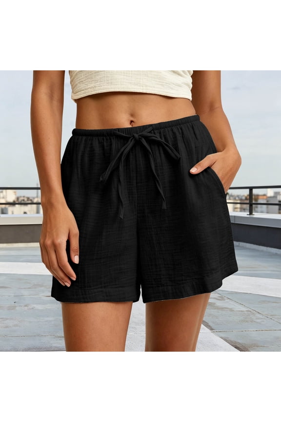 Women's Cotton Gauze Shorts Elastic Waist Drawstring Casual Loose Summer Beach Linen Shorts With Pockets