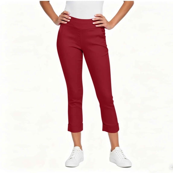 HongQid Women's Cropped Pants Elastic Waist Rolled Hem High Waisted Casual Work Petite Capri Trousers with Pockets