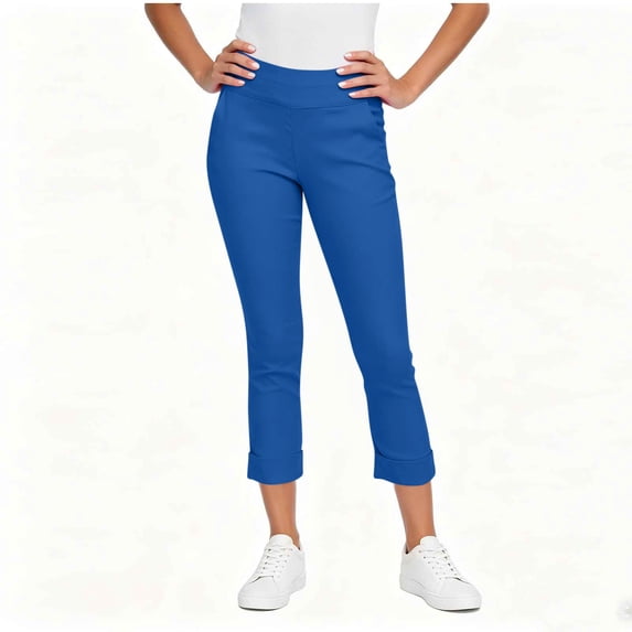 HongQid Women's Cropped Pants Elastic Waist Rolled Hem High Waisted Casual Work Petite Capri Trousers with Pockets