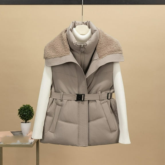 HongQid Women's Cropped Puffer Vest Stand Collar Sleeveless Padded Gilet Outerwear with Belted