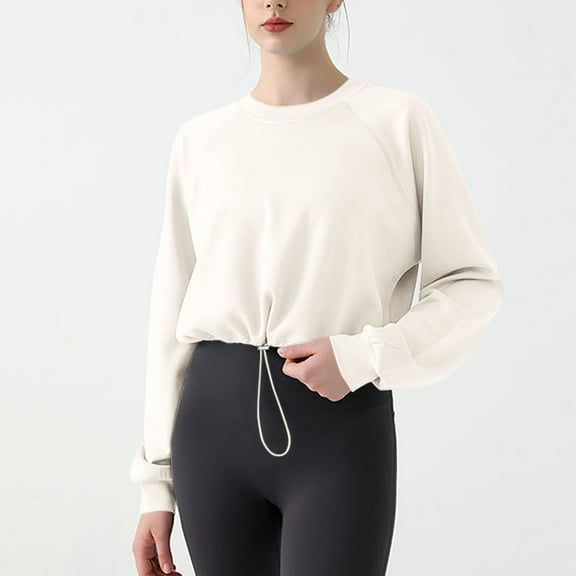 HongQid Women's Cropped Sweatshirts Long Sleeve Elastic Hem Crew Neck Pullover Tops Drawstring Design at Hem