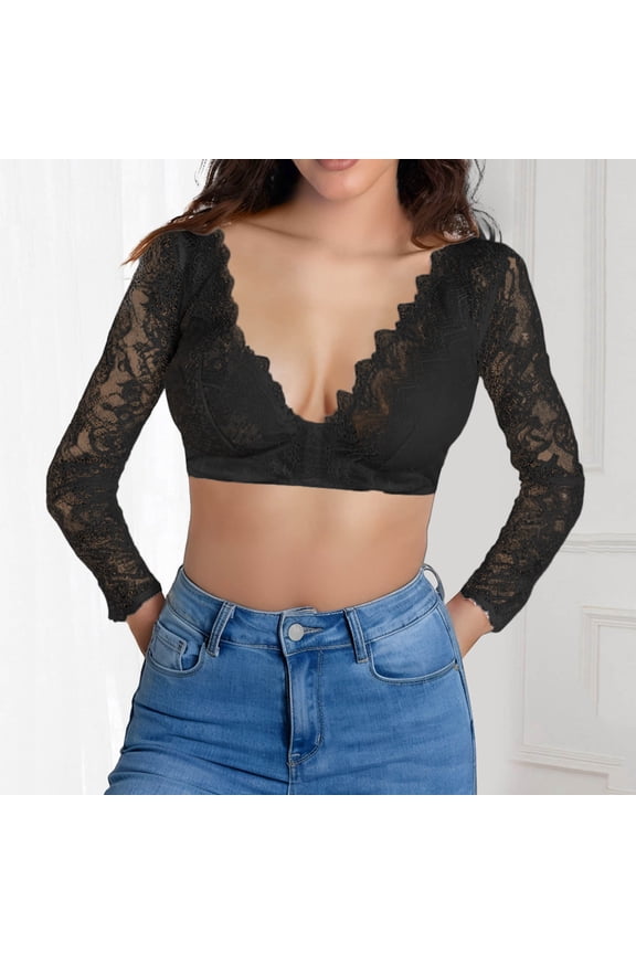 Women's Deep V Neck Long Sleeve Backless Crop Tops Basic 3/4 Length Slip-on Lace Sleeves