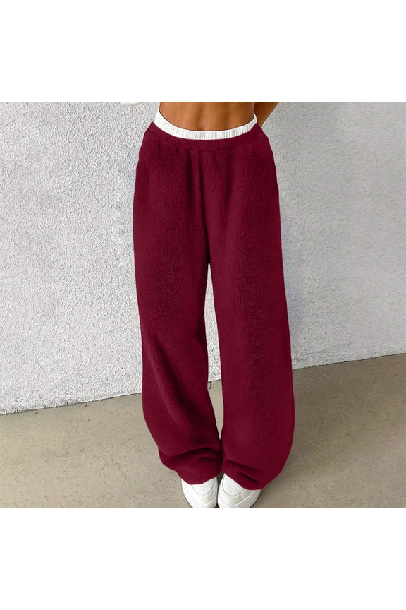 Women's Elastic Waist Teddy Wide Leg Pants Loose Fuzzy Pants Casual Trousers