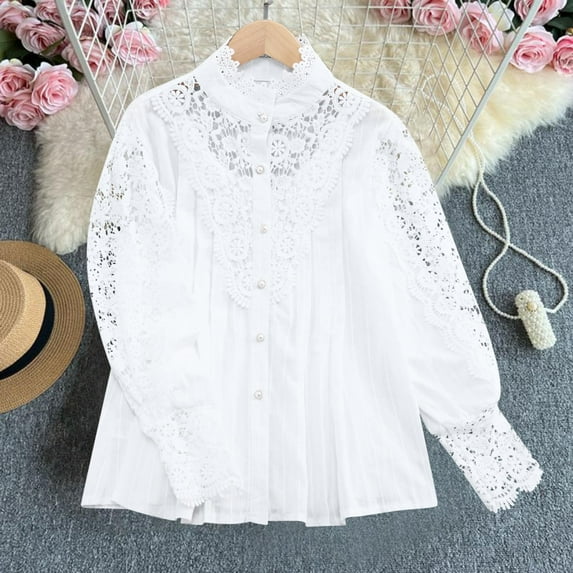 HongQid Women's Elegant Lace Trim Shirts Casual Victorian Blouse Long Sleeve Button Down Tops