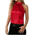 thumbnail image 1 of HongQid Women's Elegant Sleeveless Satin Blouses Button Back Mock Neck Dressy Work Tops Business Outfits, 1 of 8