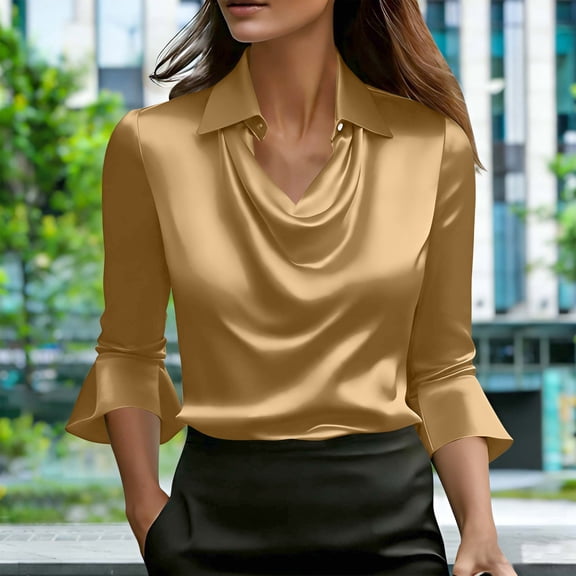 HongQid Women's Elegant Solid Satin Cowl Neck Blouse 3/4 Sleeves Bell Casual Business Dressy Shirts Office Work Ladies Top