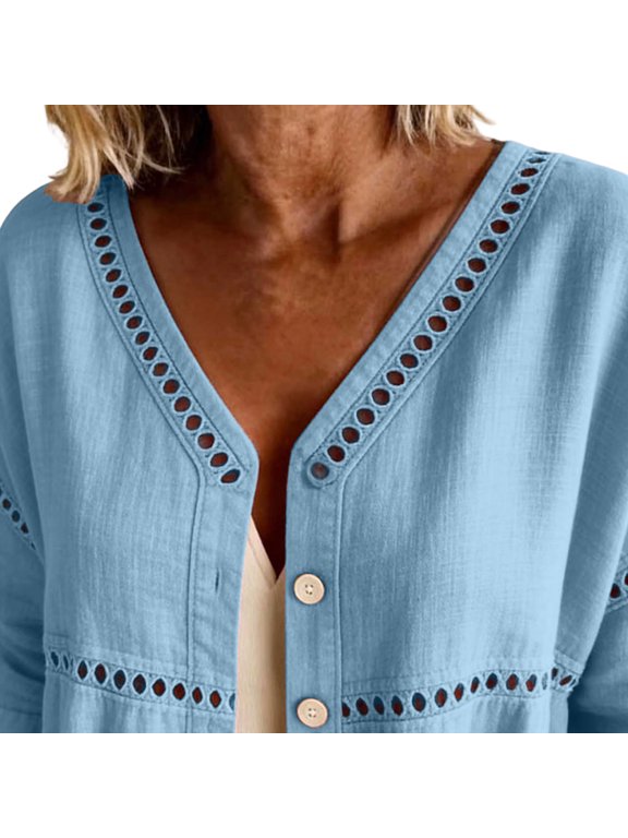 Women's Eyelet Embroidery Cardigan 3/4 Sleeve Cotton Linen Blend Button Down Loose Coat for Summer Spring & Fall