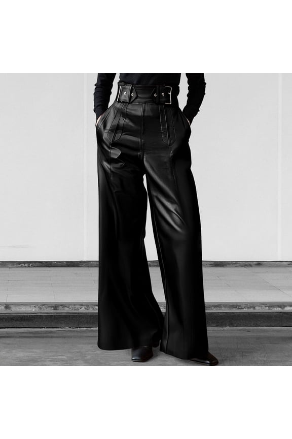 Women's Faux Leather Pants PU High Waist Wide Leg Pants with Pockets Pleated Going Out Flare Trousers