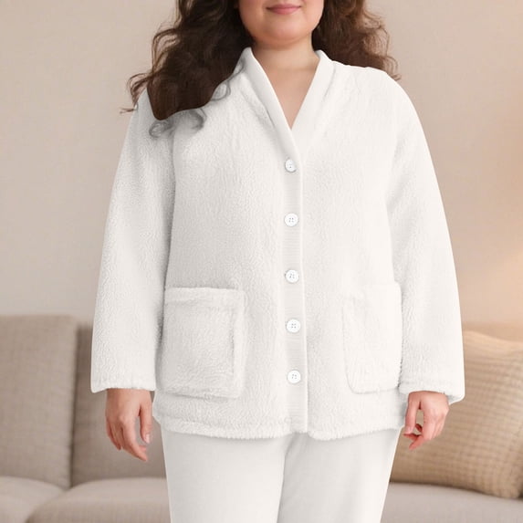 HongQid Women's Fleece Bed Jacket - Stylish Notched Collar, Long Sleeves, Front Pockets, Button Front, Sleepwear, Machine Washable