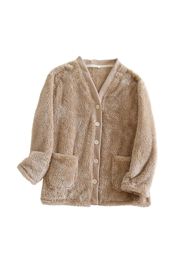 Women's Fleece Bed Jacket - Stylish Notched Collar, Long Sleeves, Front Pockets, Button Front, Sleepwear, Machine Washable