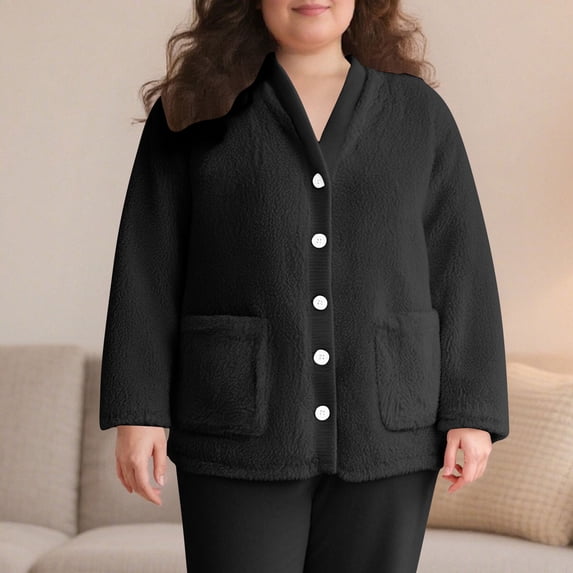HongQid Women's Fleece Bed Jacket - Stylish Notched Collar, Long Sleeves, Front Pockets, Button Front, Sleepwear, Machine Washable