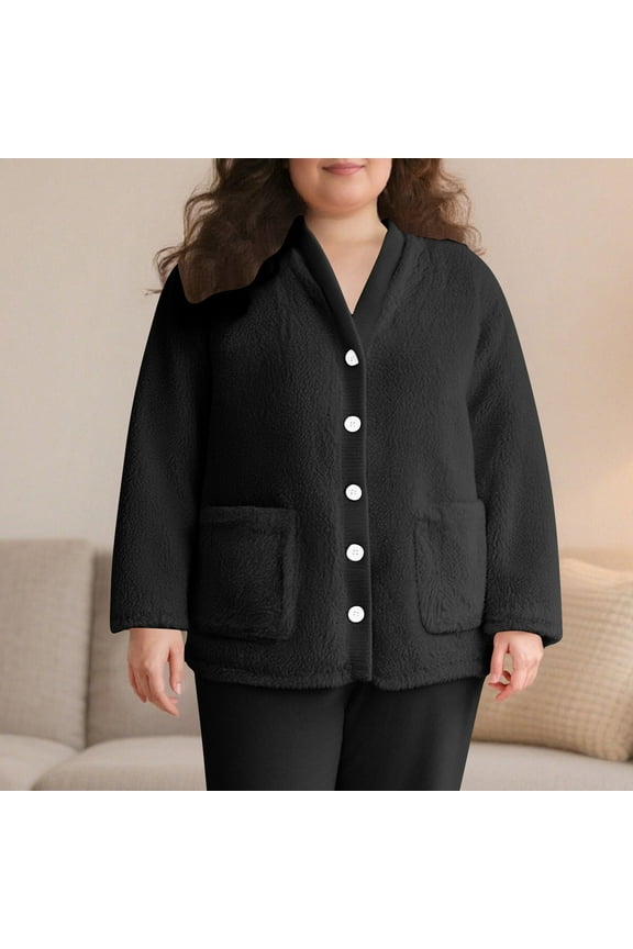 Women's Fleece Bed Jacket - Stylish Notched Collar, Long Sleeves, Front Pockets, Button Front, Sleepwear, Machine Washable