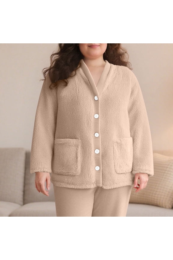 Women's Fleece Bed Jacket - Stylish Notched Collar, Long Sleeves, Front Pockets, Button Front, Sleepwear, Machine Washable