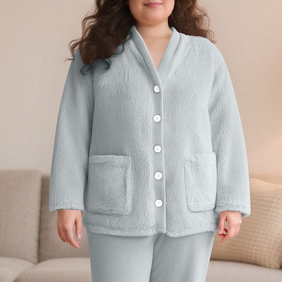 HongQid Women's Fleece Bed Jacket - Stylish Notched Collar, Long Sleeves, Front Pockets, Button Front, Sleepwear, Machine Washable