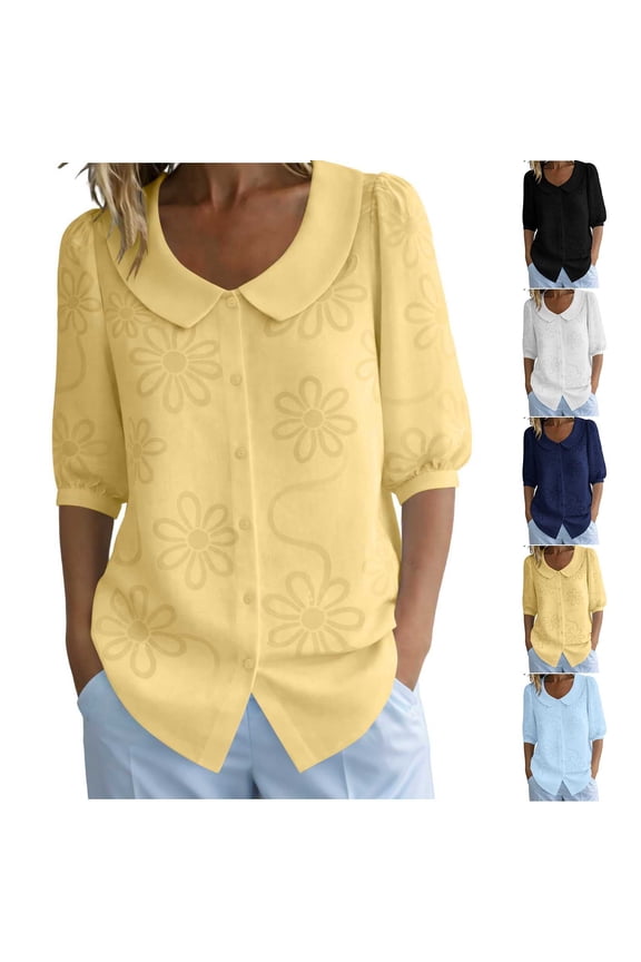 Women's Floral Blouse Peter Pan Collar Daisy Print Button Front Puff Ruffle 3/4 Sleeve Shirts Curved Hem Loose Casual Solid Shirts