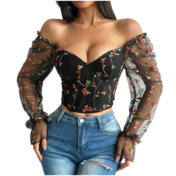 HongQid Women's Floral Embroidered Mesh Sleeve Crop Top Deep V Neck Slim Fit Off-Shoulder Trendy Blouse