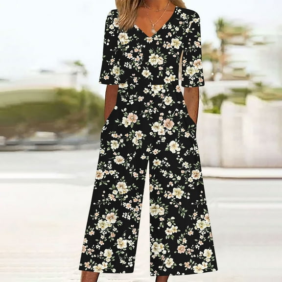 HongQid Women's Floral Jumpsuit Boho Jumpsuit Floating Short Sleeve V-Neck Back Zipper Jumpsuit with Pockets
