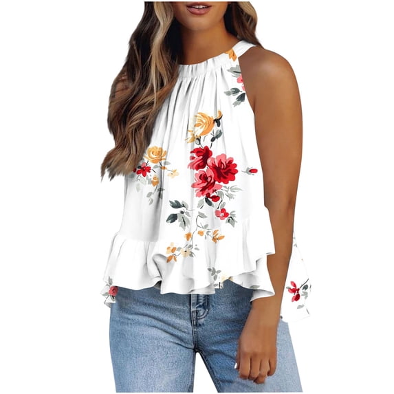 HongQid Women’s Floral Print Halter Neck Sleeveless Blouse Ruffle Hem Casual Peplum Tank Top