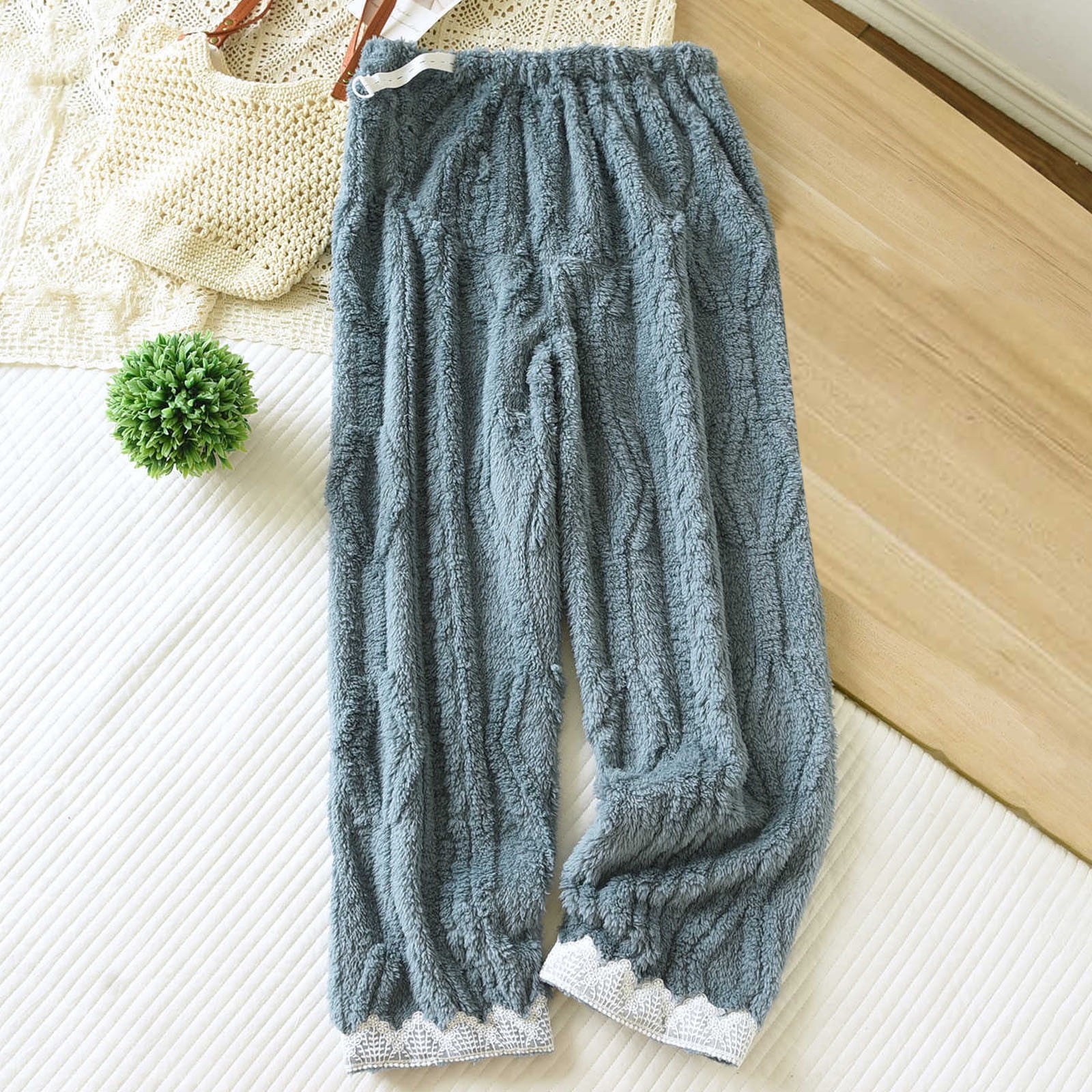 HongQid Women's Fuzzy Pajama Pants Elastic Waist Fleece Plush Flannel ...