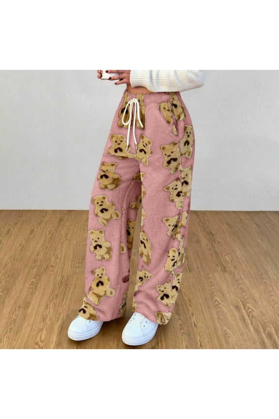 Women's Fuzzy Plush Warm Pajama Pants Fleece Lounge Sleepwear Teddy Pj Bottoms Elastic Waist Cute Bear Graphic Printed,Pink