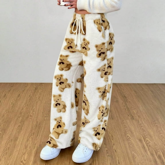 HongQid Women's Fuzzy Plush Warm Pajama Pants Fleece Lounge Sleepwear Teddy Pj Bottoms Elastic Waist Cute Bear Graphic Printed,White