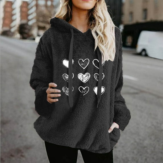 HongQid Women's Fuzzy Sherpa Pullover Hoodie Sweatshirts Heart Love Graphic Printed Long Sleeve Front Pocket Fall Outwear Winter Hooded