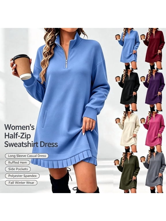 Women's Half Zip Sweatshirt Dress, Stand Collar Quarter Zip Neck Long Sleeve Ribbed Cuffs Pleated Hem Soft Fleece Knee‑Length Cut, Pullover Tunic Dress Fall Winter Casual Fashion Clothes