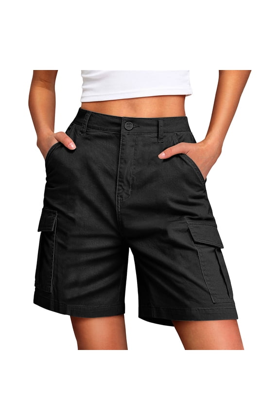 Women's High Waist Cargo Bermuda Shorts, Multi-Pocket Knee-Length Casual Shorts, Durable Cotton Blend(Have pockets on the back)