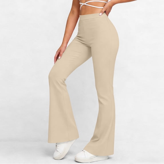 HongQid Women's High Waist Flare Pants – Yoga Casual Stretch Bell Bottom Trousers, Slim Fit Retro 70s Style Pants for All Seasons,Beige XL