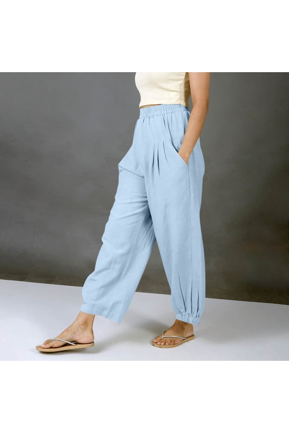 Women's High Waist Linen Blend Harem Pants, Elastic Cuff Cropped Trousers with Pockets, Lightweight Breathable Bottoms for Summer Yoga & Daily Wear