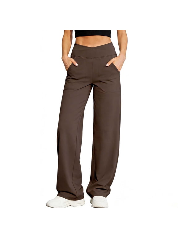 Women's High Waist Wide Leg Dress Pants, Stretchy Tailored Trousers with Pockets, Wrinkle-Resistant Casual Bottoms for Office & Daily Wear