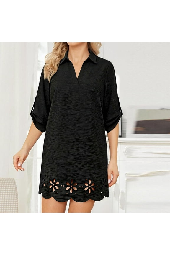 Women's Hollowed Out V Neck Long Sleeve Short Dress Coverup Beach Vacation Sun Protection