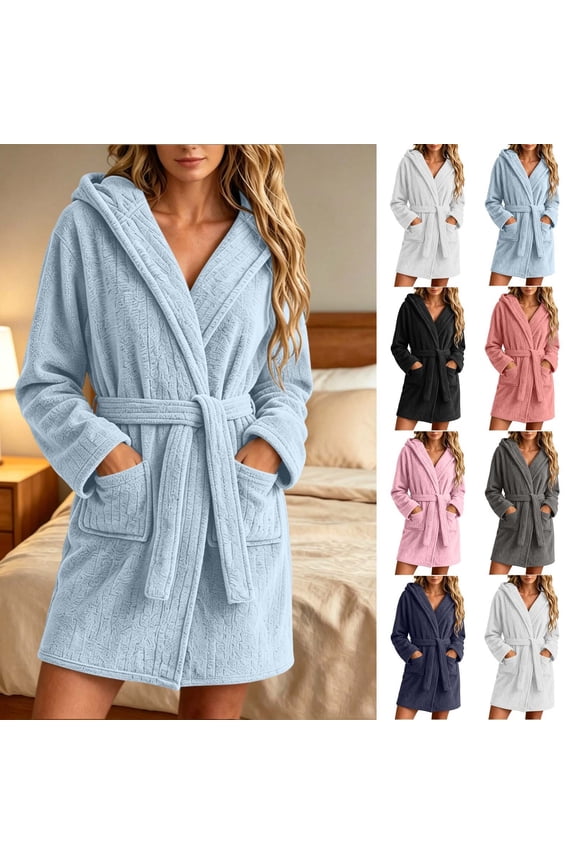 Women's Hooded Plush Short Bathrobe Ultra Soft Jacquard Fluffy Robe with Pockets Belted Tie Waist Cozy Fuzzy Loungewear
