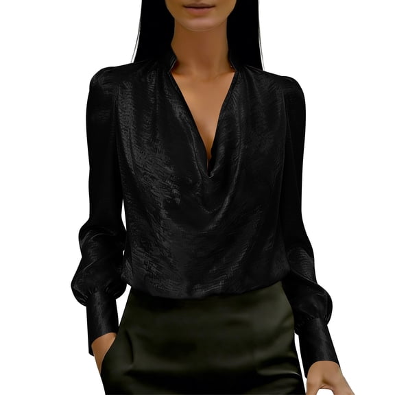 HongQid Women's Lantern Long Sleeve Notched Neck Metallic Party Blouse Tops