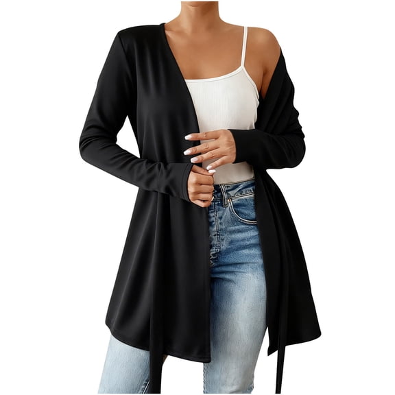 HongQid Women's Lightweight Open Front Cardigans Long Sleeve Casual Soft Tie-Waist Drape Fall Cardigan
