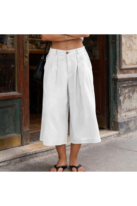 Women's Linen Blend Cropped Pants High Waist Wide Leg Pleated Casual Culottes With Pockets